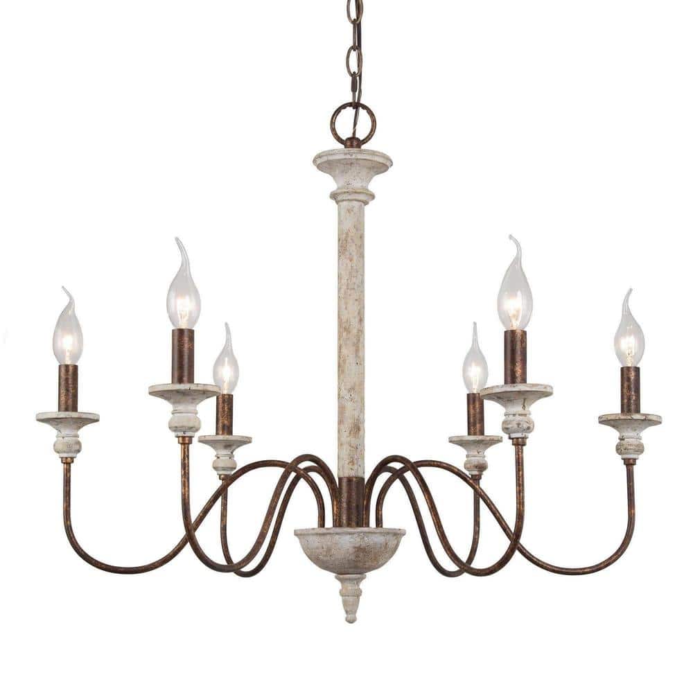 6-Light Farmhouse Chandelier with Weathered White French Country Wood and M