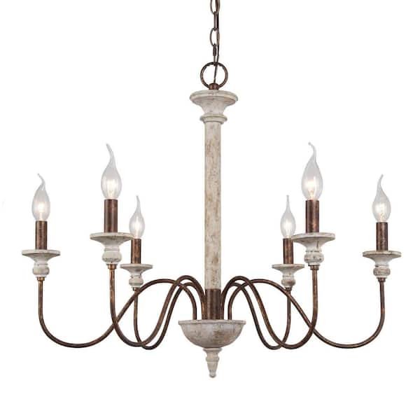 Unbranded 6-Light Farmhouse Chandelier with Weathered White French Country Wood and Metal - Ideal for Various Spaces