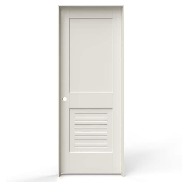 30 in. x 80 in. 2 Panel Right-Handed Primed MDF Wood Single Prehung Interior Door Lower Modern Ventilated Panel Louver