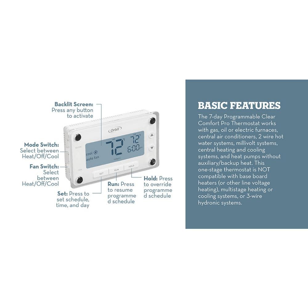 Orbit Clear Comfort Programmable Thermostat with Large Display