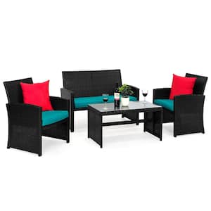 Black 4-Piece Wicker Patio Conversation Set with Teal Cushions, 4 Seats, Tempered Glass Table Top