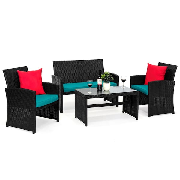 Best Choice Products Black 4-Piece Wicker Patio Conversation Set with Teal Cushions, 4 Seats, Tempered Glass Table Top