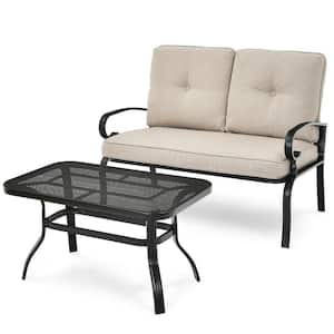 2-Piece Metal Patio Furniture Set Loveseat Bench Table with Beige Cushions