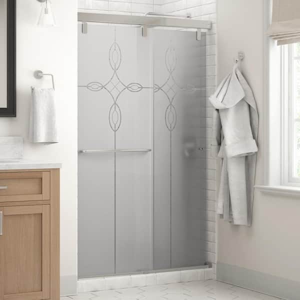 Delta Simplicity Mod 43-3/8 to 47-3/8 in. W x 71-1/2 in. H Soft-Close Frameless Sliding Shower Door, Chrome, Tranquility Glass