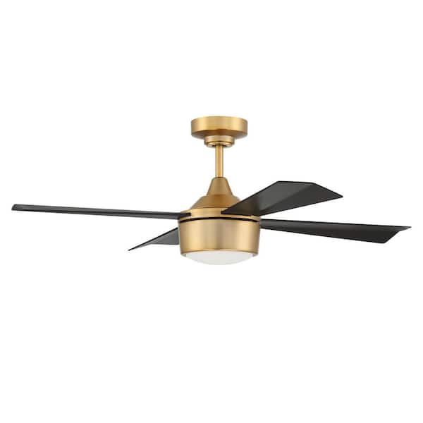 42 in. Satin Brass Finish w/ Flat Black Blades Angled Mount Ceiling Fan w/ Integrated LED Light & Remote Control