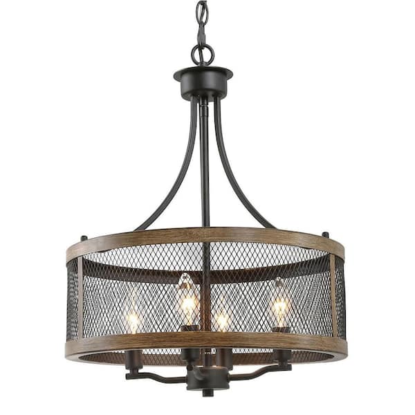 YANSUN Farmhouse 4-Light Oil Black and Wood Finish Drum Chandeliers.Industrial Pendant Lighting for Dining Room Living Room