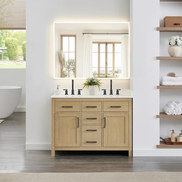 Beckett 48 in. Double Freestanding Whitewashed Oak Bath Vanity with White Quartz Top