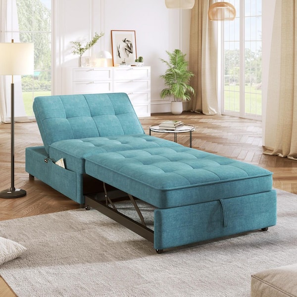 Harper & Bright Designs 26.75 in. Teal Linen Twin Size Single Sofa Bed, Convertible Folding Ottoman with USB Port, Storage Pocket
