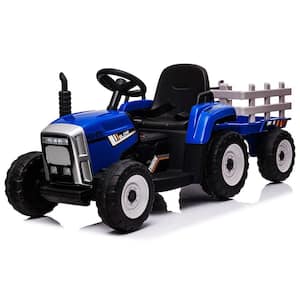 12-Volt Ride On Tractor, Electric Vehicle Toy with Trailer and Remote Control, 3-Gear-Shift, Blue