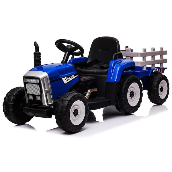 12V Ride on Tractor, Electric Vehicle Toy with Trailer and Remote Control, 3-Gearshift, Blue