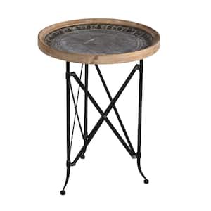Natural and Black Classic Vintage Wood and Metal Round Side Table