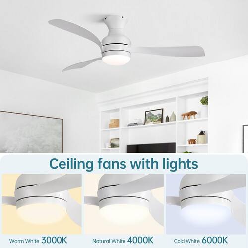 52 in. Indoor/Outdoor Modern White Low Profile Ceiling Fan with Integrated LED Light and Quiet DC Motor Remote Ceiling Fans