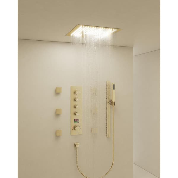 LED Mood Lighting 15-Spray 16 in. Ceiling Mount Dual and Handheld Shower 2.5 GPM with Slider Bar in Brushed Gold
