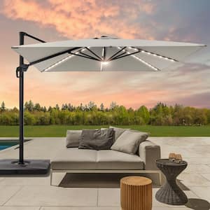 Gray Premium 10 x 10 ft. LED Cantilever Patio Umbrella with Base and 360° Rotation and Infinite Canopy Angle Adjustment