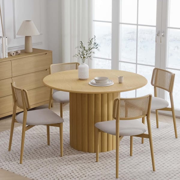 Dovelina 46 in. Natural Oak Wood Color Column Pedestal Round Kitchen Table Dining Table Seats 4