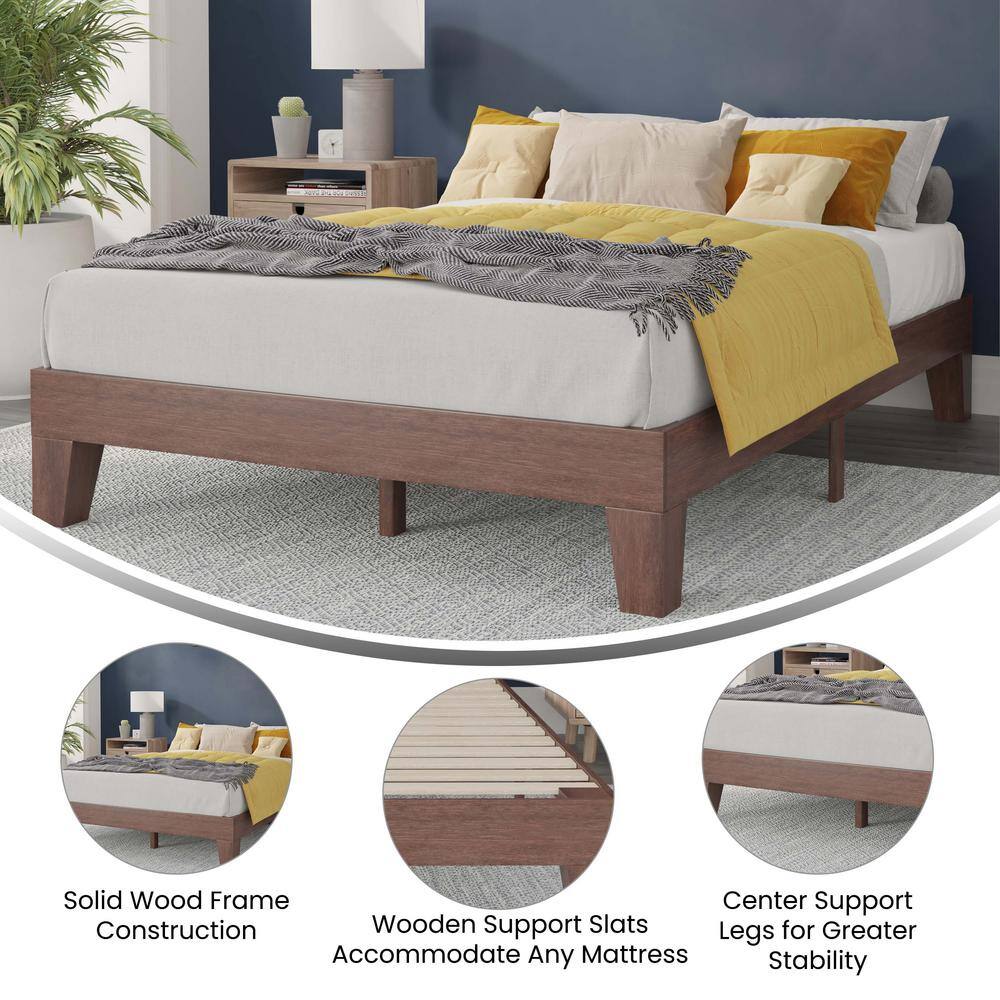 Full Walnut Solid Wood Platform Bed with Slats and Drawer