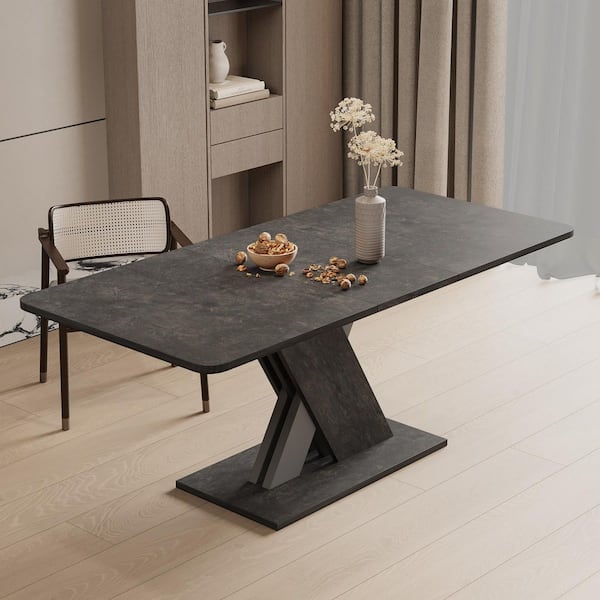 Josephine 55.1 in to 70.9 in. Rectangle Black Marble Wood Cross Legs Extendable Dining Table Seats 6