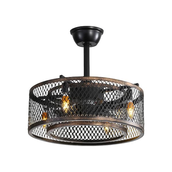 Etokfoks Retro 4 Lights Integrated LED Black Caged Round Ceiling Fan Chandelier for Dining Room, Bedroom, and Living Room