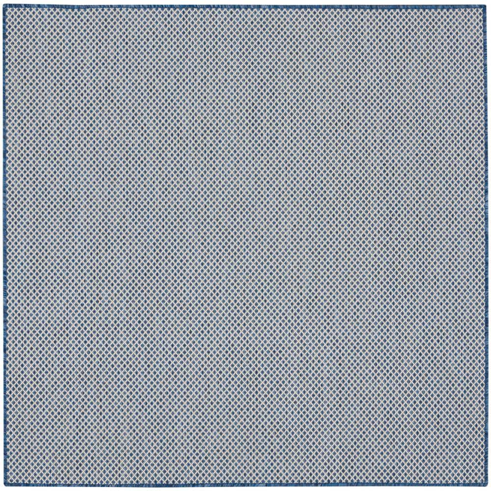 Ivory Blue Geometric 4' Square Synthetic Area Rug