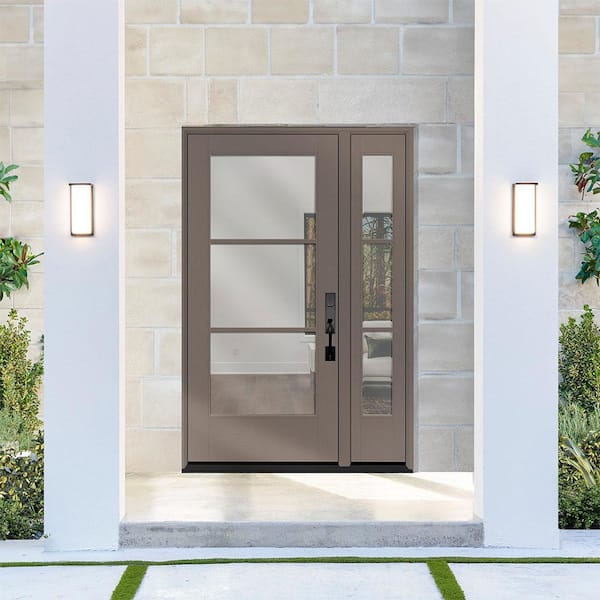Legacy 53 in. x 80 in. Icon 3-Lite Modern Clear Glass LHIS Kindling Mahogany Fiberglass Prehung Front Door w/ 14 in. SL