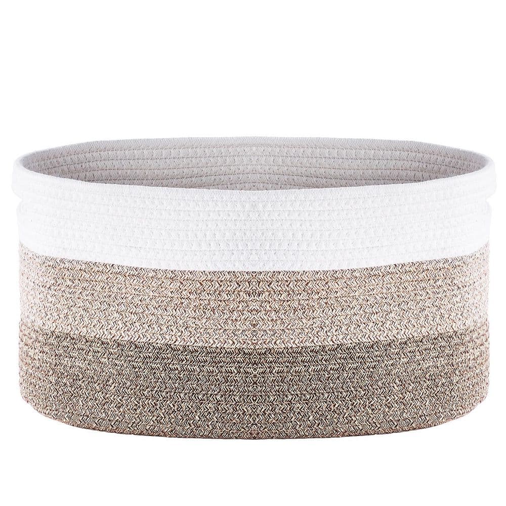 White and Linen Round Cotton Rope Storage Baskets, Set of 3