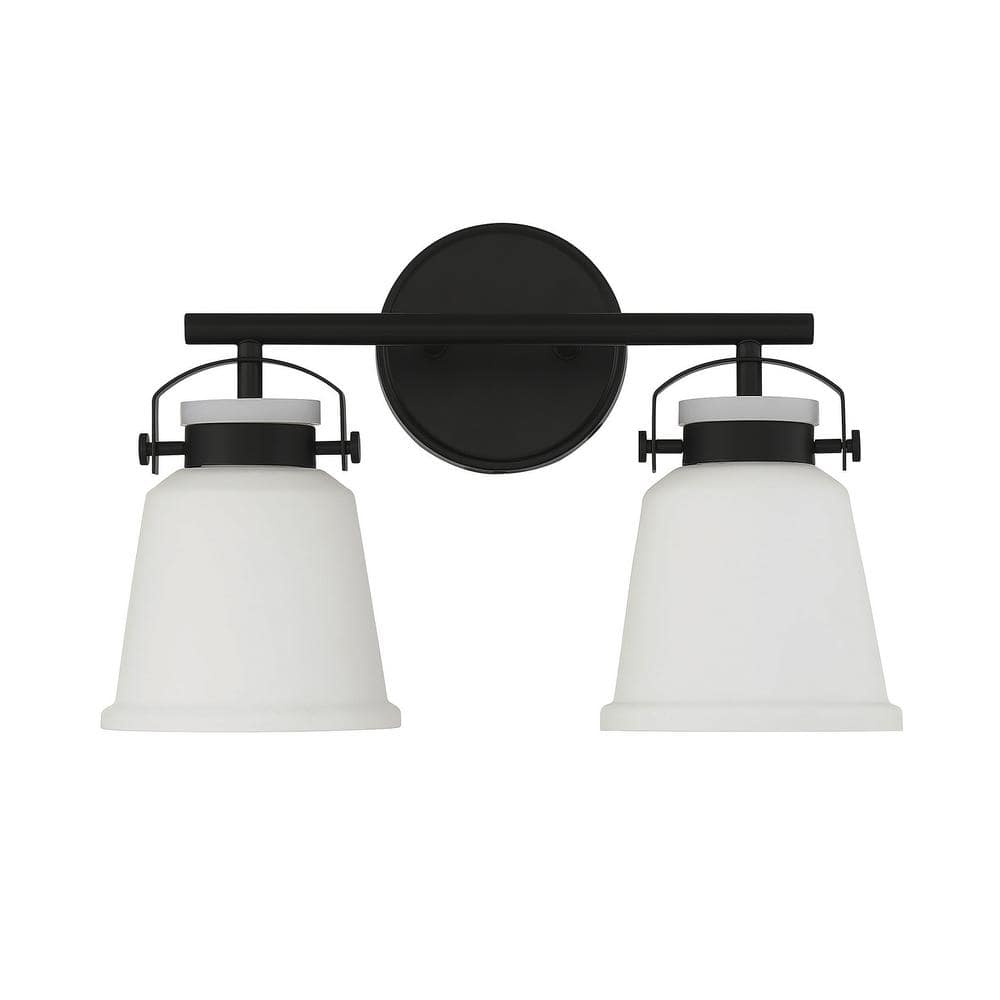 Matte Black 2-Light Bathroom Vanity with Opal Glass Shades