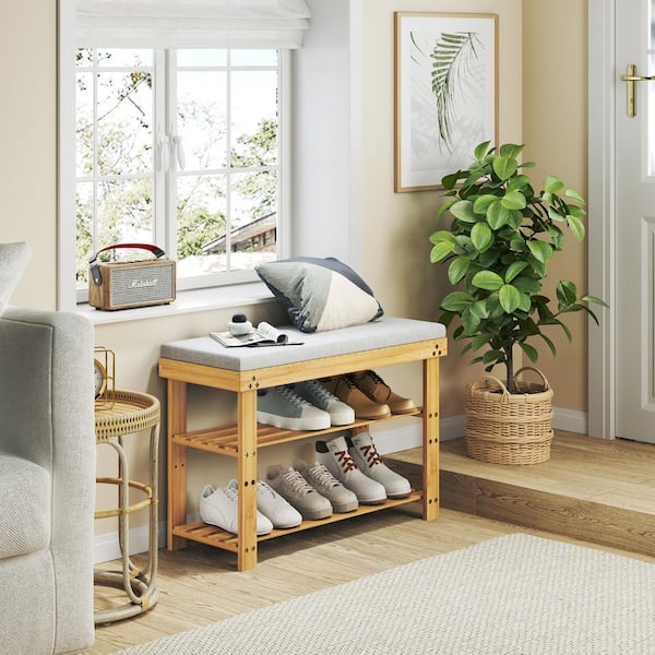 27.5 in. Khaki Bamboo Wood Shoe Bench with Cushion-3-Tier Adjustable Shoe Rack, Entryway Storage Bench