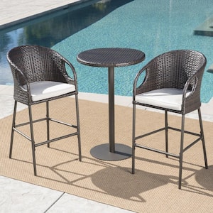 Dominica Multi-Brown 3-Piece Faux Rattan Round 40 in. Outdoor Serving Bar Set with Light Brown Cushion