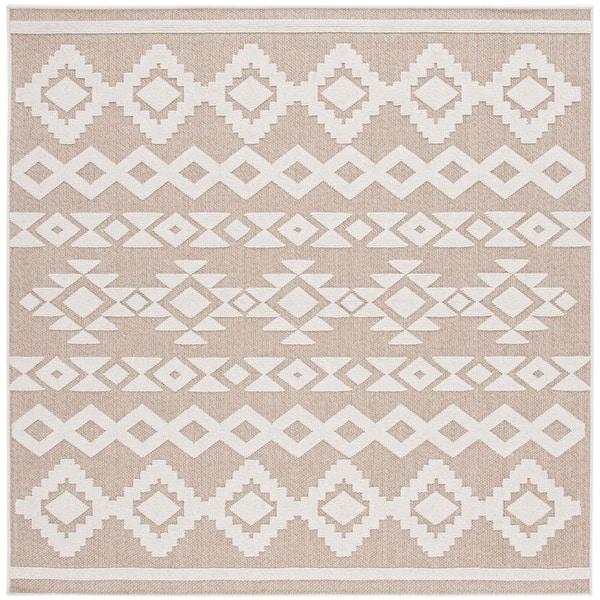 Global Beige/Ivory 7 ft. x 7 ft. Diamond Aztec Indoor/Outdoor Square Area Rug