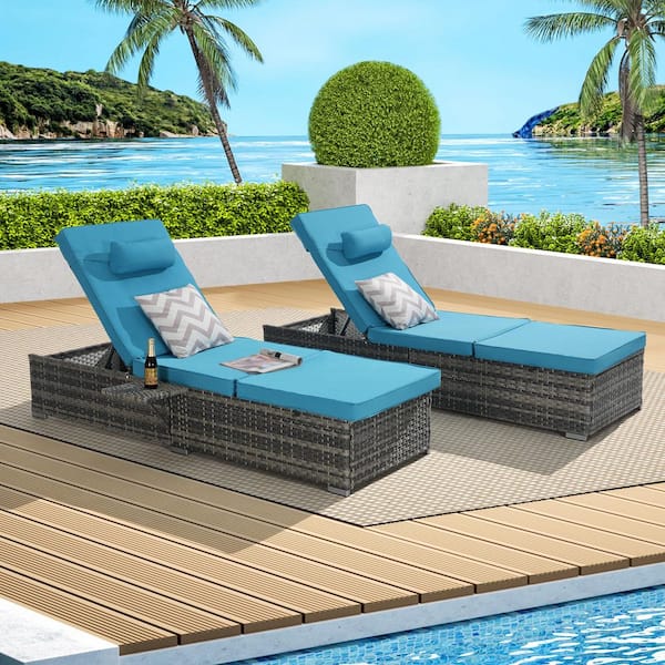 Sudzendf Set of 2 Gray Wicker Outdoor Lounge Chair with Light Blue Cushions, Adjustable Backrest, Side Tables