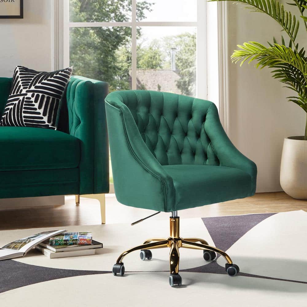 Ergonomic Green Velvet Task Chair with Gold Metal Legs