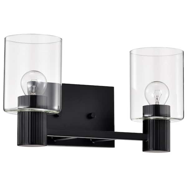 SATCO Clarksville 14 in. 2-Light Matte Black Transitional Vanity Light with Clear Glass Shade