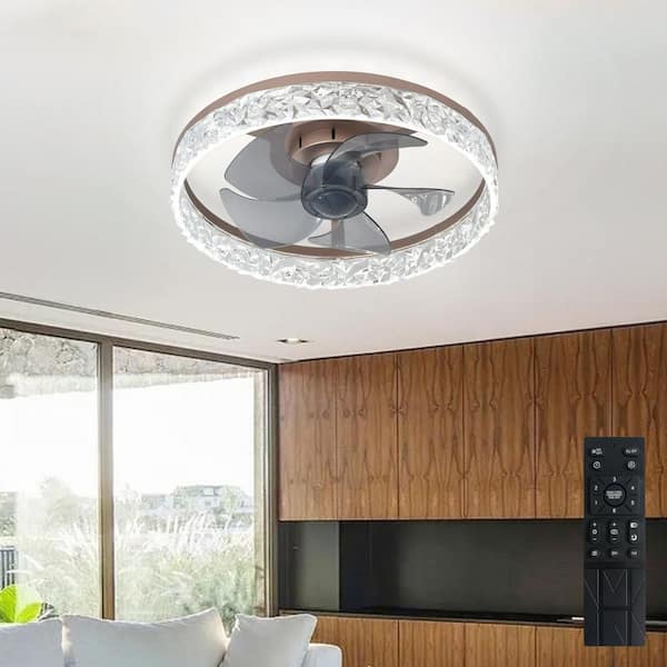 16 in. Brown Small Fan Flush Mount Low Profile Modern Ceiling Fan Light for Bedroom Indoor Included APP Remote DC Motor