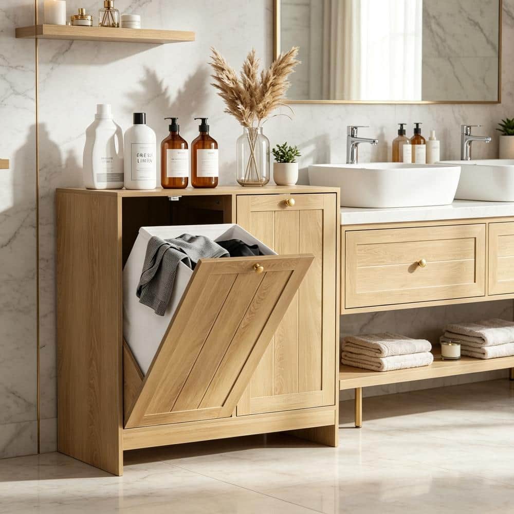 Bathroom Tilted Storage Cabinet with Removable Basket, Hidden Laundry Hamper Laundry Hamper in Oak price history on PriceWatchPro