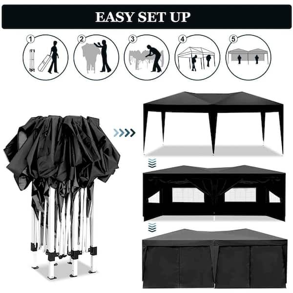 10 ft. x 20 ft. Pop Up Canopy Outdoor Portable Garage Party Folding Tent with 6 Removable Sidewalls + Carry Bag, Black