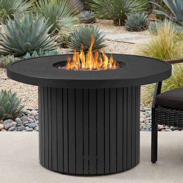 Calvin 44 in. Round Metal Propane Fire Pit Table with Hidden Tank in Black Coral