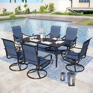 Black 7-Piece Metal Rectangle Patio Outdoor Dining Set with Straight-Leg Rectangle Table and Textilene Swivel Chairs