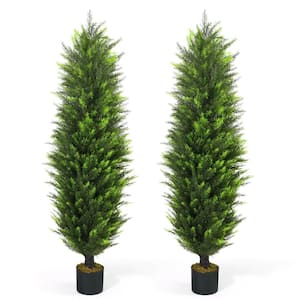 5 ft. Green Artificial Cedar Tree, Natural Faux Plants for Outside Planter with Dried Moss, UV Resistant, Set of 2