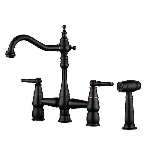 Double Handle Brass Vintage Bridge Kitchen Sink Faucet with Side Sprayer and Supply Lines in Oil Rubbed Bronze