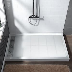 Krasik 60 in. L x 30 in. W Alcove Solid Surface Shower Pan Base with Left Drain in White with Brushed Nickel Cover