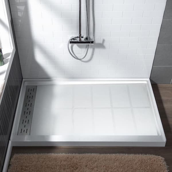 WOODBRIDGE Krasik 60 in. L x 34 in. W Alcove Solid Surface Shower Pan Base with Left Drain in White with Brushed Nickel Cover