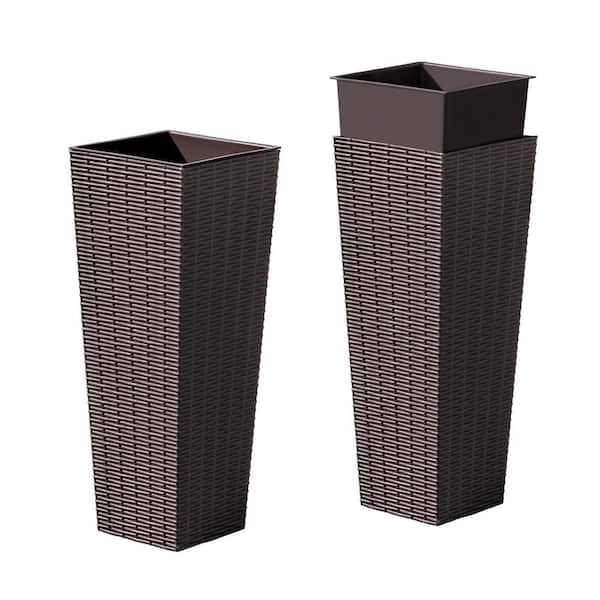 24 in. Brown Plastic Tall Square Planter (Set of 2)