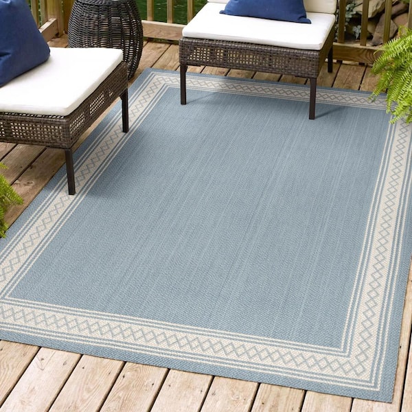 JONATHAN Y Lucia Classic Diamond Border Blue/Cream 3 ft. x 5 ft. Indoor/Outdoor Area Rug