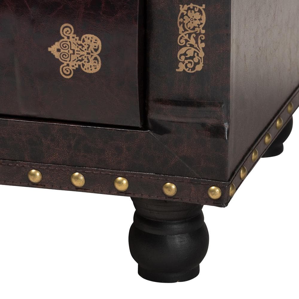 Charlier Rustic Dark Brown Faux Leather Storage Ottoman with Book Spine Drawer