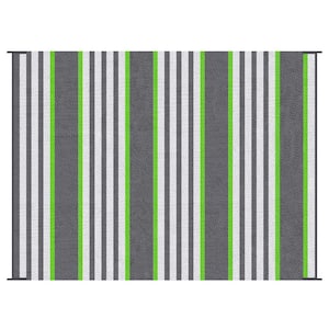 9' x 12' Reversible Outdoor Rug, Carpet Waterproof Plastic Straw Rug, Portable RV Camping Rugs in Green & Gray Striped