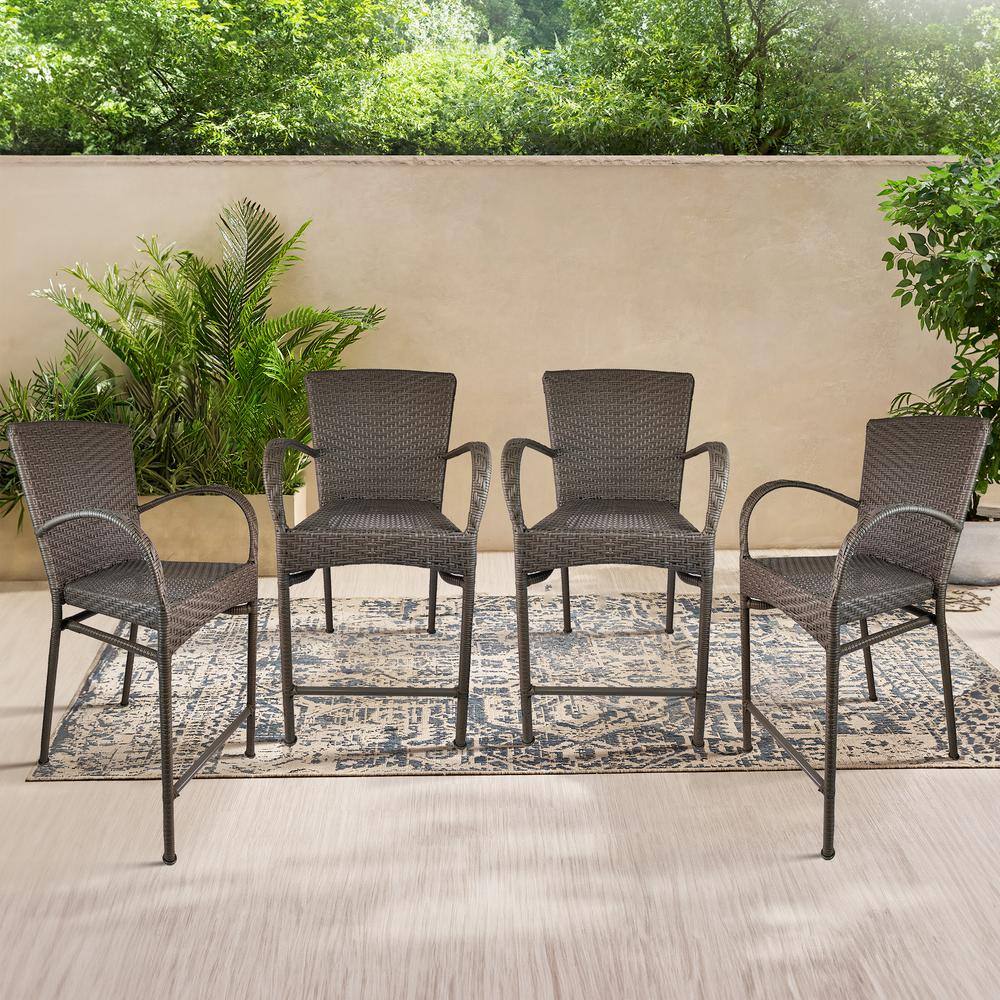 Grey Patio Rattan Chair Metal Outdoor Bar Stool (4-Pack)
