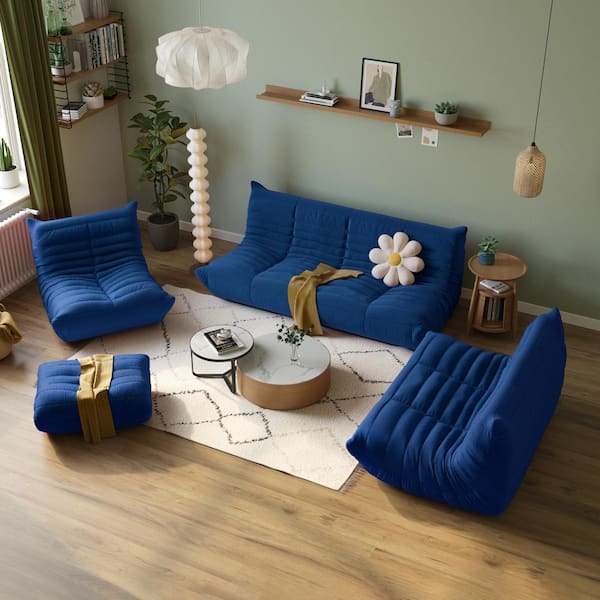J&E Home 68.93 in. W Armless Teddy Velvet 3-piece Modular Lazy Floor Free Combination Sectional Sofa with Ottoman in Blue