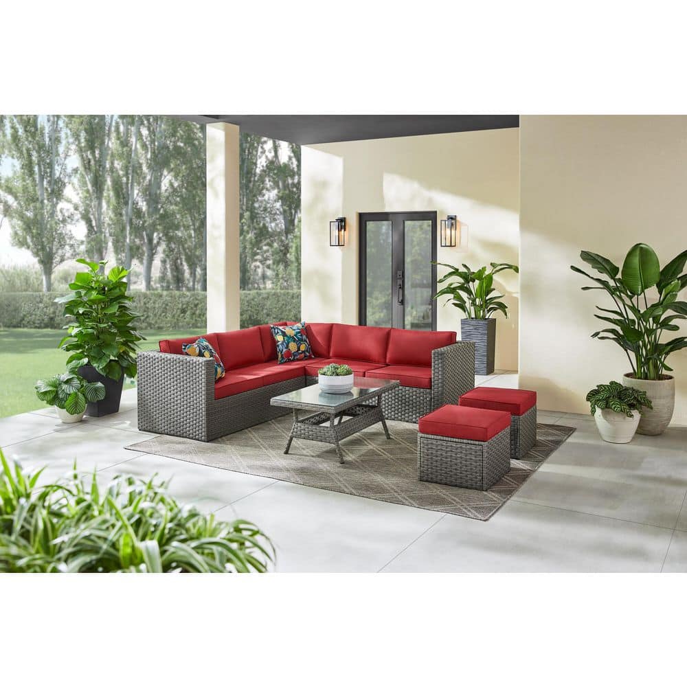 Hampton Bay Southmore 5-Piece Steel Wicker Outdoor Sectional Set with Red Cushions 21003 - The Home Depot