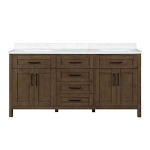 Tahoe 72 in. W x 21 in. D x 34 in. H Double Sink Bath Vanity in Almond Latte with White Engineered Marble Top and Outlet