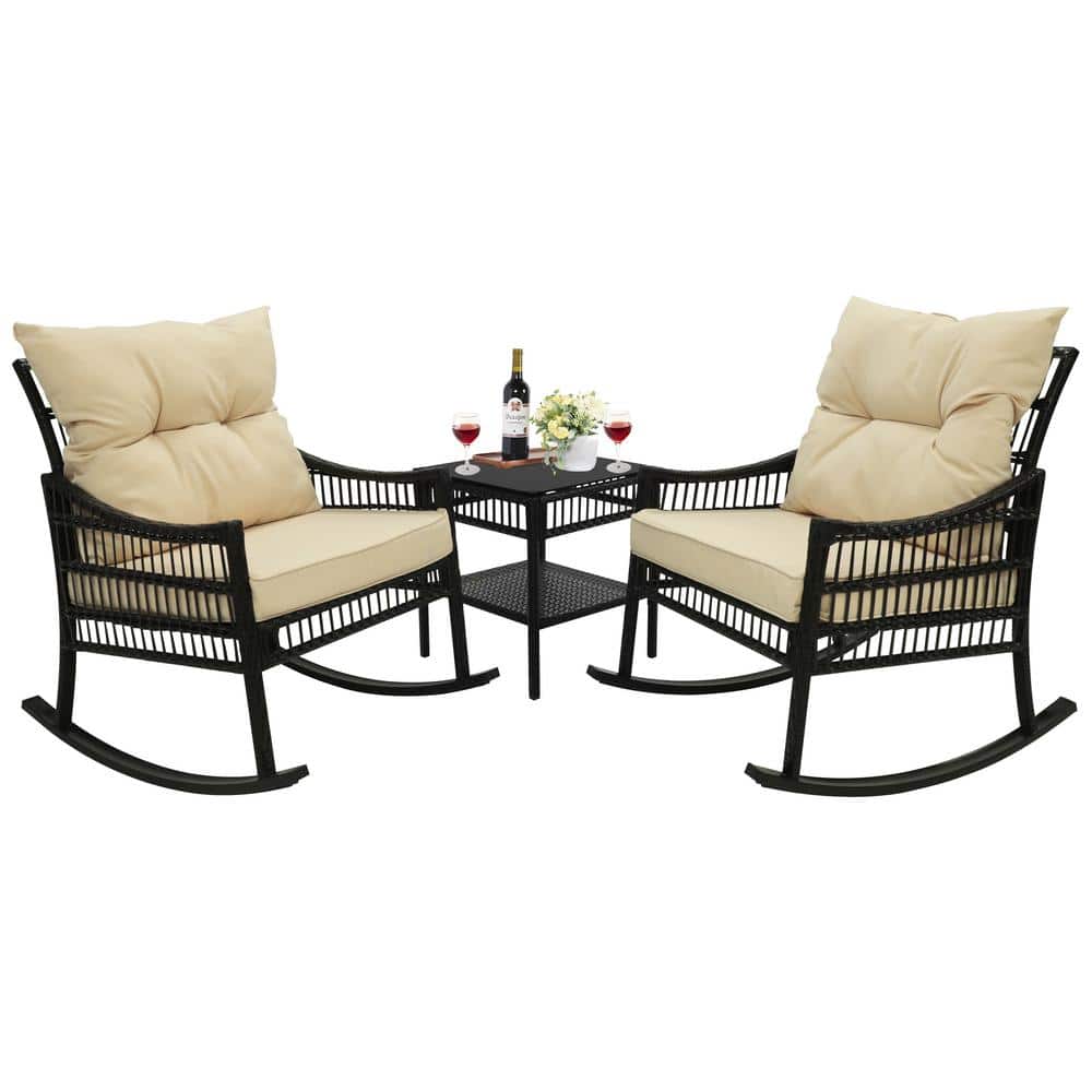 VEIKOUS 3-Piece Patio Wicker Outdoor Rocking Chair Set with Beige Cushions  and Pillows PG0206-02CW-1 - The Home Depot